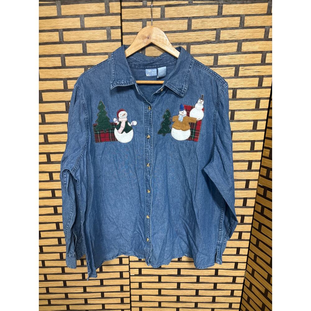 Holiday‎ Editions Denim Snowman Embroidered Button Down Shirt Size 1X